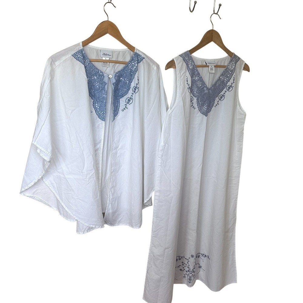 Vermont Country‎ Store Boho Lace Nightgown Robe Set XL White Blue Cotton Floral
